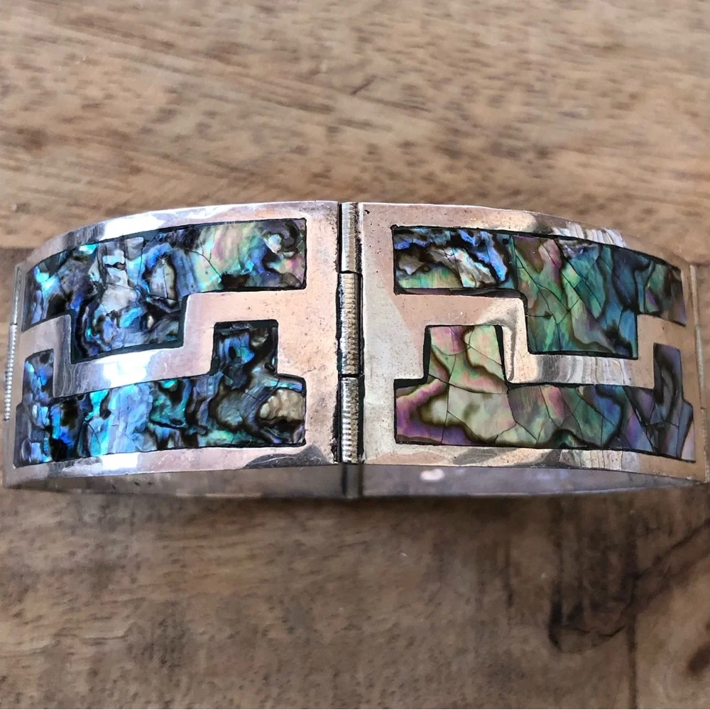 925 sterling silver & abalone gorgeous hinged link bracelet made in Mexico - Picture 16 of 16